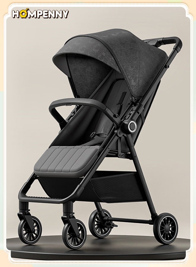 هومبيني عربة أطفال خفيفة قابلة للطي بدفع مزدوج للسفر｜تصميم مرتفع عالي｜وزن 4.8 كجم فقط، طي بزر واحد｜عجلات ممتصة للصدمات 360 درجة｜وضعيات جلوس واستلقاء متعددة｜مناسبة لعمر 0–4 سنوات｜تناسب مقصورة الطائرة – لون أسود - Image 1